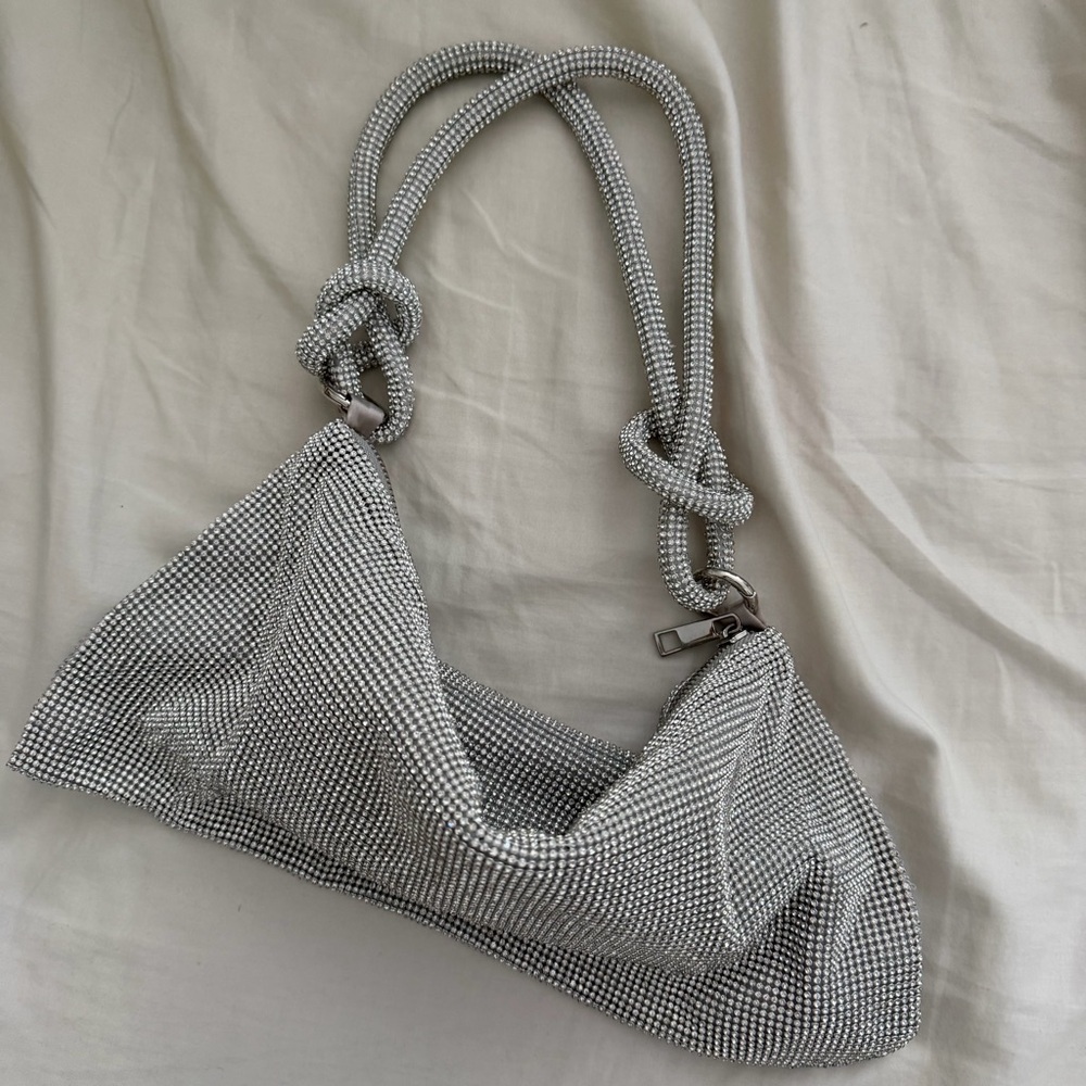 Slouchy Crystal Rhinestone Sparkly Silver Evening Shoulder Bag